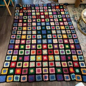 Vintage granny square crochet blanket 7 feet by 5 feet